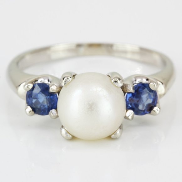 14k White Gold Cultured Pearl & Sapphire Cocktail /Anniversary Ring - Picture 1 of 6